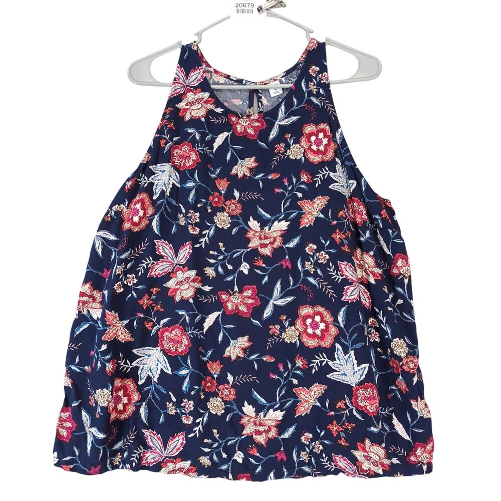 Old Navy Blue Floral Print Rayon Tank Top Women's XL Button Back A-Line‎ Flowy